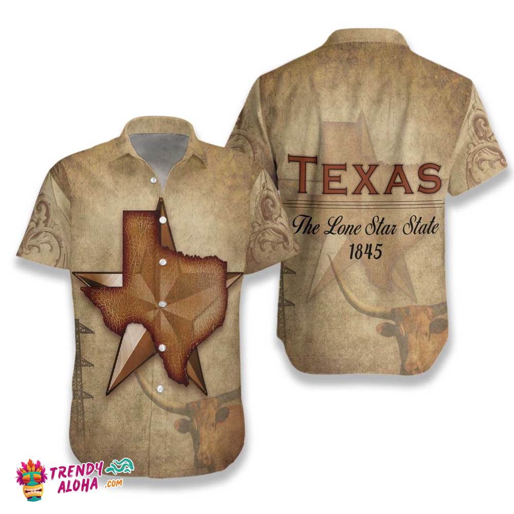 1845 The Lone Star State Texas Hawaiian Shirt For Men, Vintage Texas Longhorn Shirt, Proud Texas Shirt For Men 1845 The Lone Star State Texas Hawaiian Shirt For Men, Vintage Texas Longhorn Shirt, Proud Texas Shirt For Men
