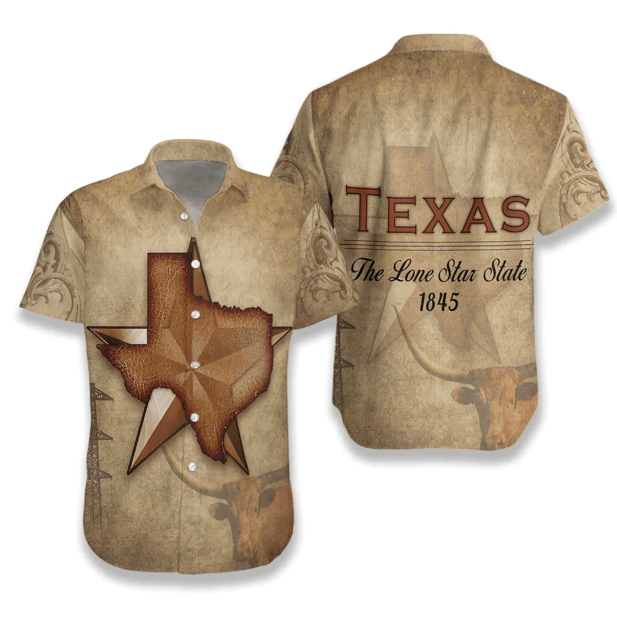 1845 The Lone Star State Texas Trendy Hawaiian Shirt For Men, Vintage Texas Longhorn Shirt, Proud Texas Shirt For Men