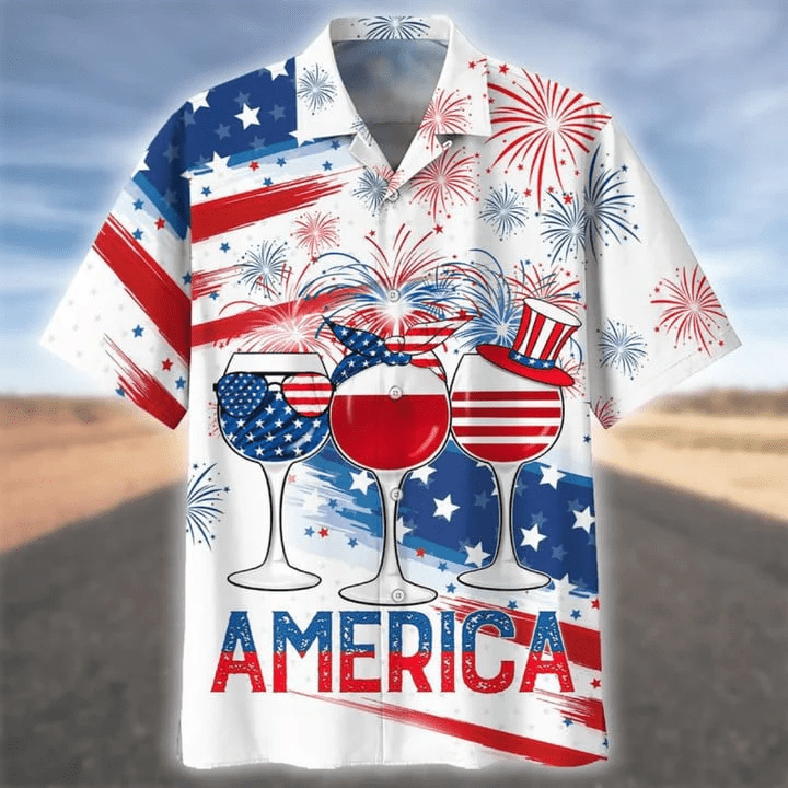 3D All Over Print Usa Trendy Hawaiian Shirt Glass Drinking Cheer Up Independence Day, America 4Th Of Jul Trendy Hawaiian Shirt