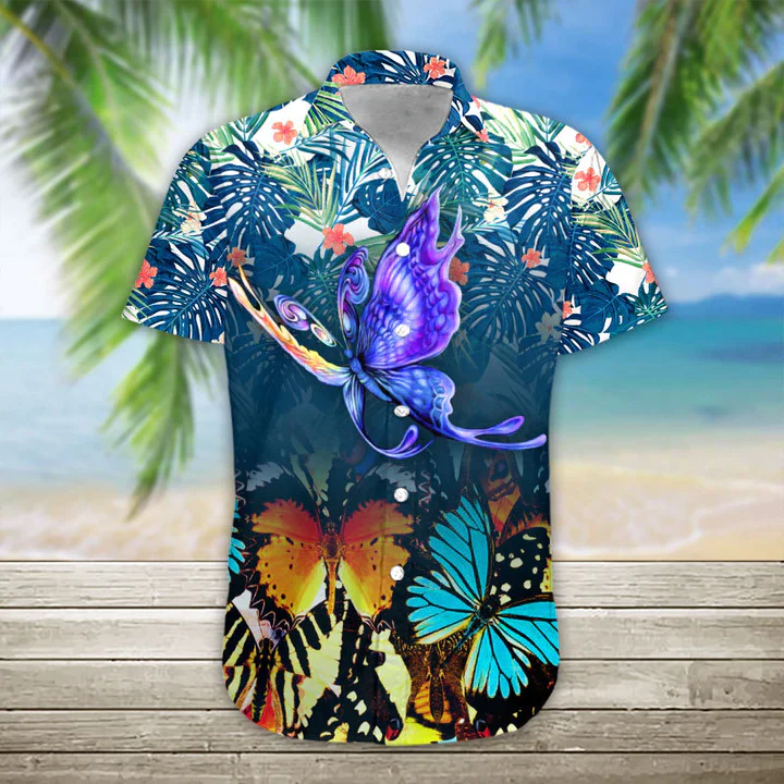 3D Butterfly Hawaii Shirt, Trendy Hawaiian Shirt Casual Button Down Shirts Short Sleeve, Trendy Hawaiian Shirt For Men, Women