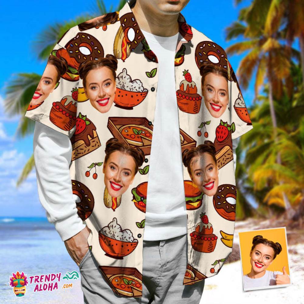 3D Face Print Trendy Aloha Hawaiian Shirt Cheese Burger & Pizza Casual Tropical Funky Button-Down Shirt
