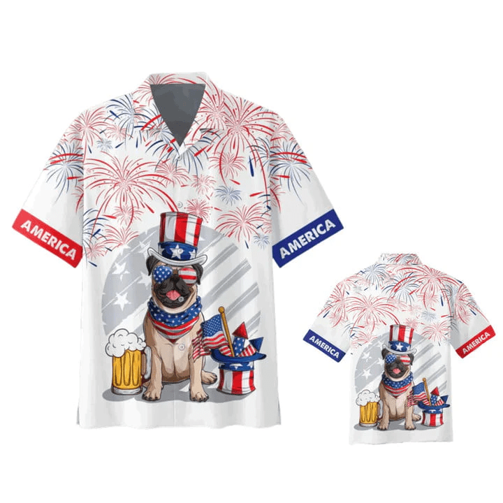 3D Full Print Independence’s Day Trendy Hawaiian Shirt, Pug And Beer Hawaii Summer Beach Shirt, 4Th Of Jul Hawaii Dog Shirt