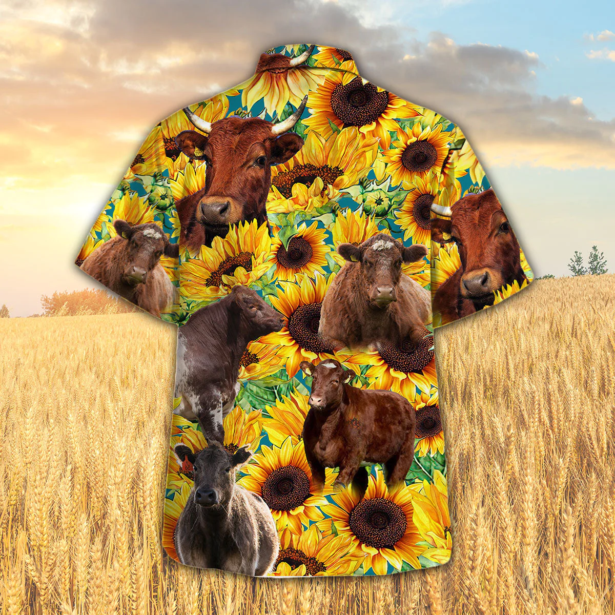 3D Hawaiian Sunflower Shorthorn Cattle Elegant All Over Print