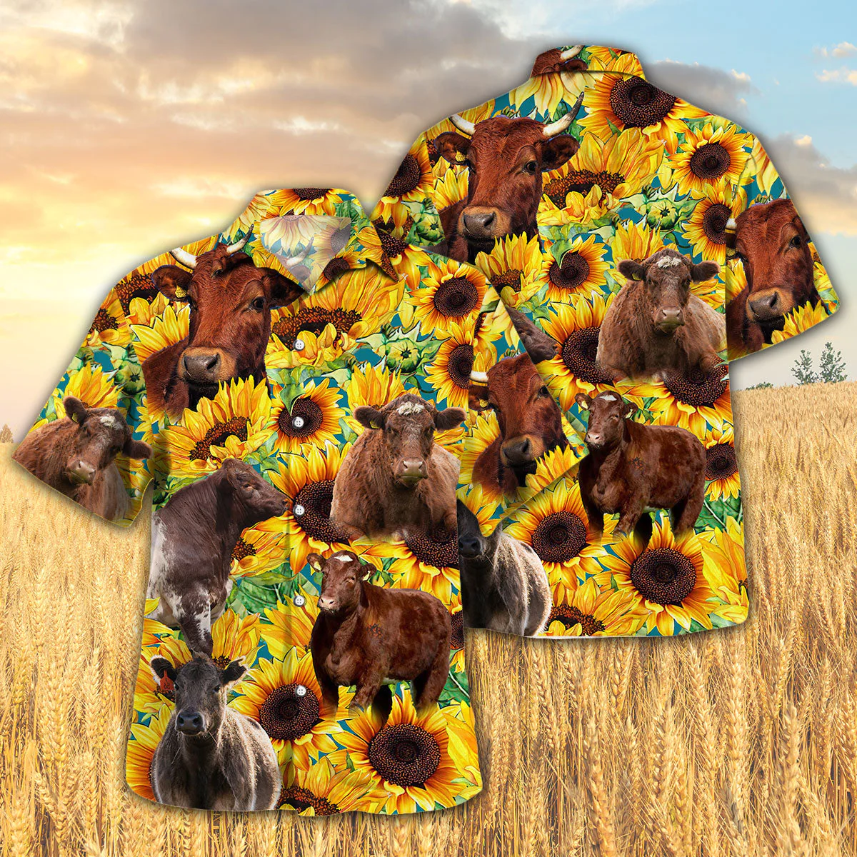 3D Hawaiian Sunflower Shorthorn Cattle Elegant All Over Print