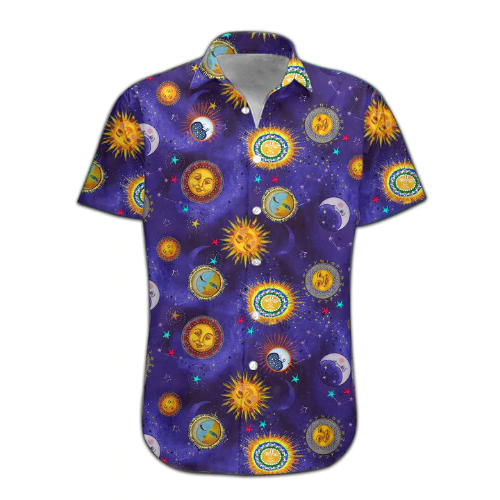 3D Sun And Moon Hippie Hawaii Shirt, Trendy Hawaiian Shirts For Men Print Button Down Shirt