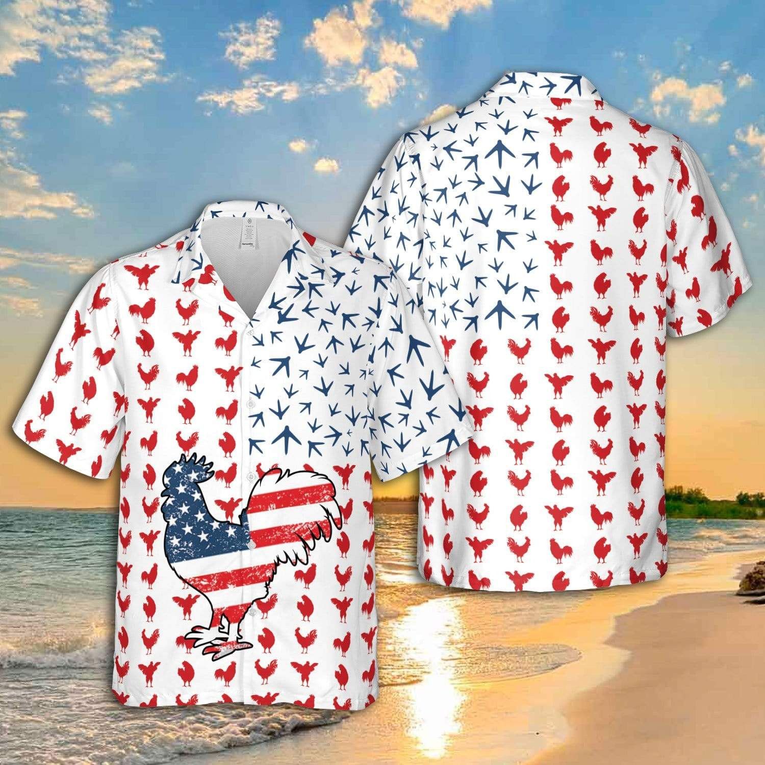 4Th July Rooster American Flag Unisex Trendy Hawaiian Shirts, Chicken Lover Trendy Hawaiian Shirt For Summer Gifts