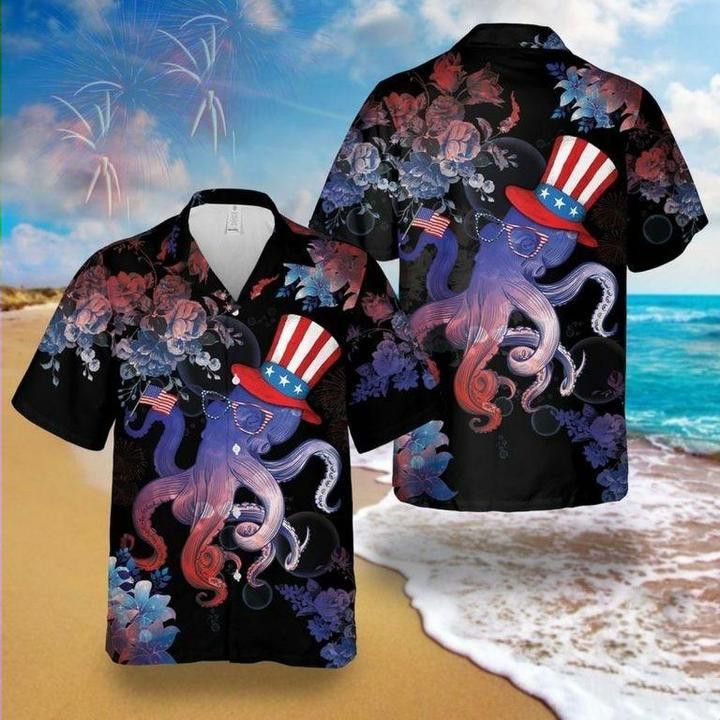4Th Of July Trendy Hawaiian Shirt Octopus Celebrates 4Th Of July Flower Black Hawaii Aloha Shirt
