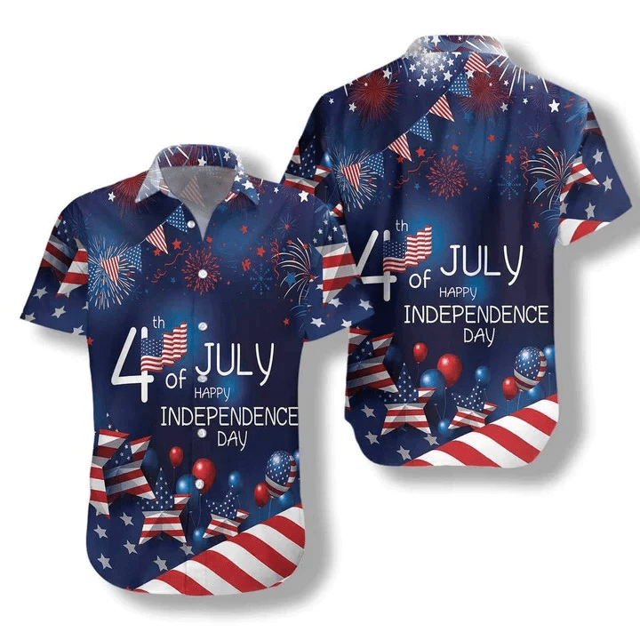 4Th Of July Watercolor Trendy Hawaiian Shirt, American Flag Fireworks Trendy Hawaiian Shirt