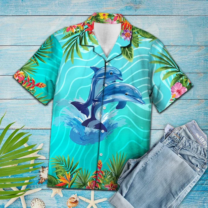 A Couple Of Dolphin Love Summer Vacation Themed Pattern Trendy Hawaiian Shirt