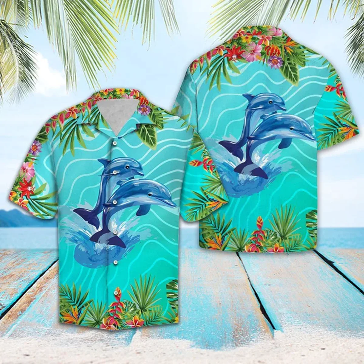A Couple Of Dolphin Love Summer Vacation Themed Pattern Trendy Hawaiian Shirt, Aloha Shirt