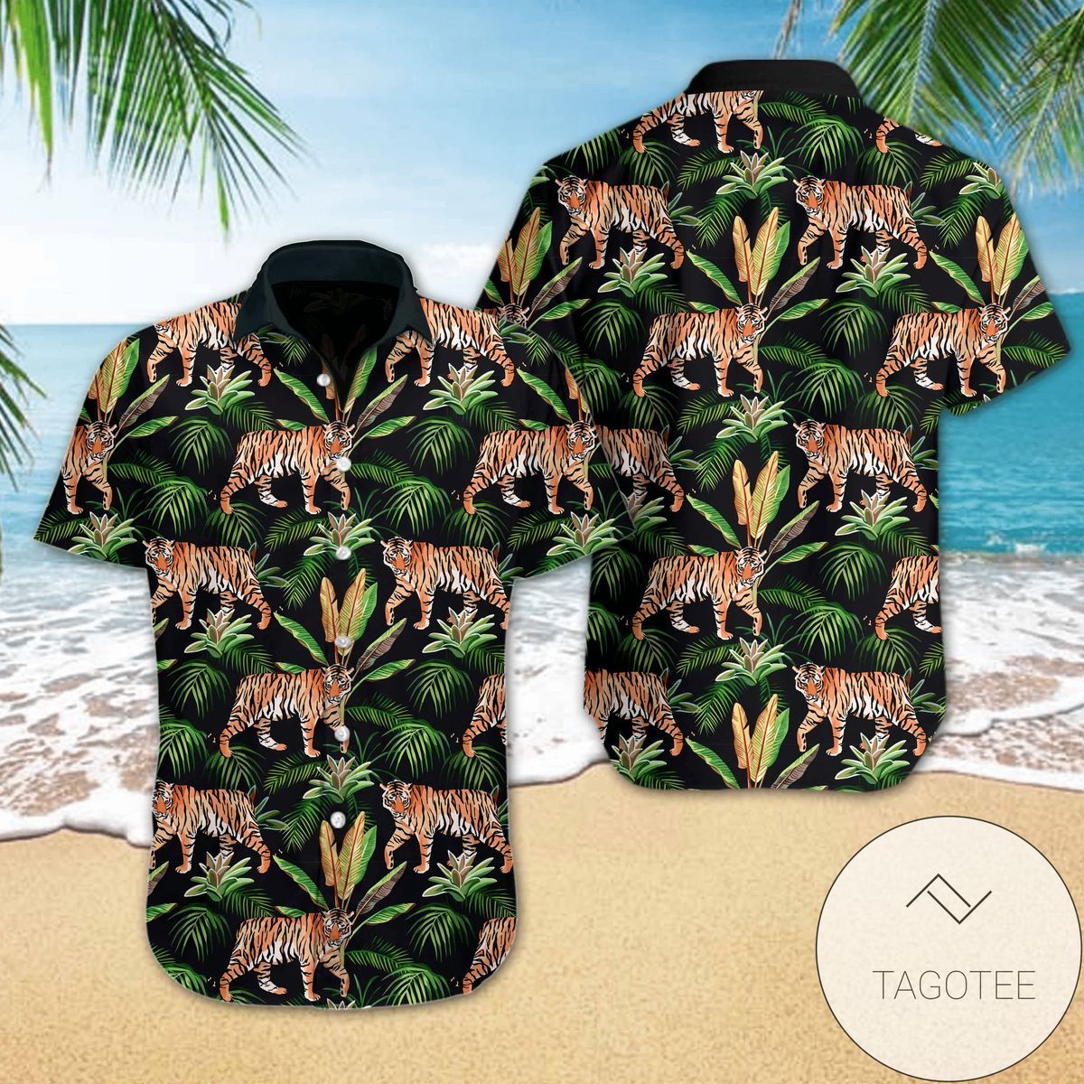 A Majestic Tiger Lurking in Vibrant Tropical Hawaiian Shirt