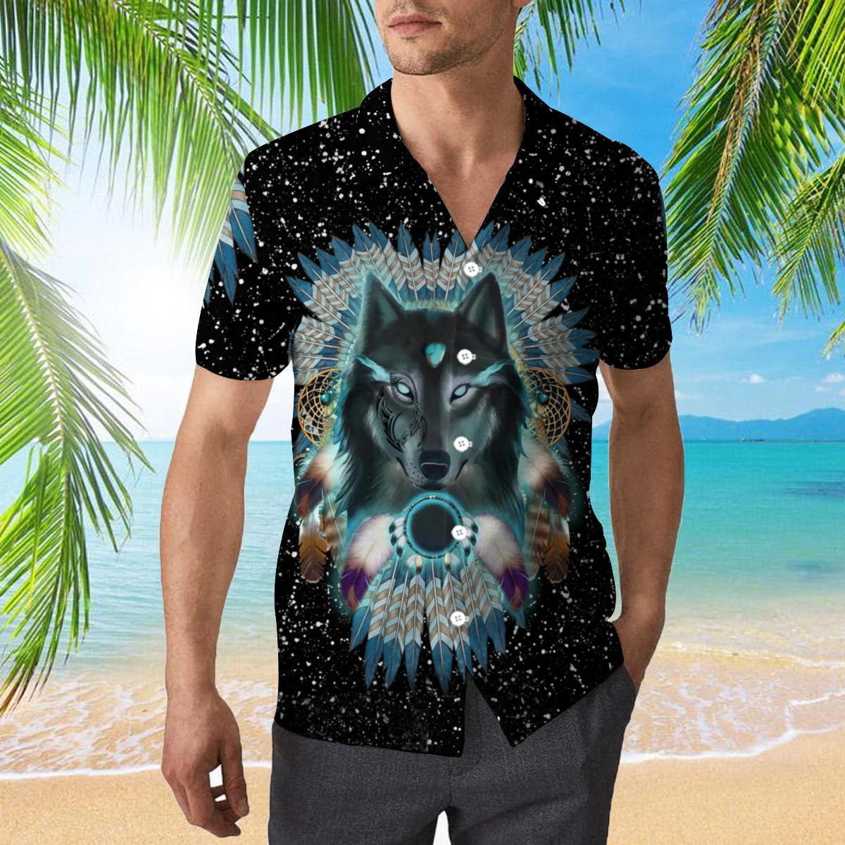 Aborigine Style Black Wolf In Galaxy Trendy Hawaiian Shirt