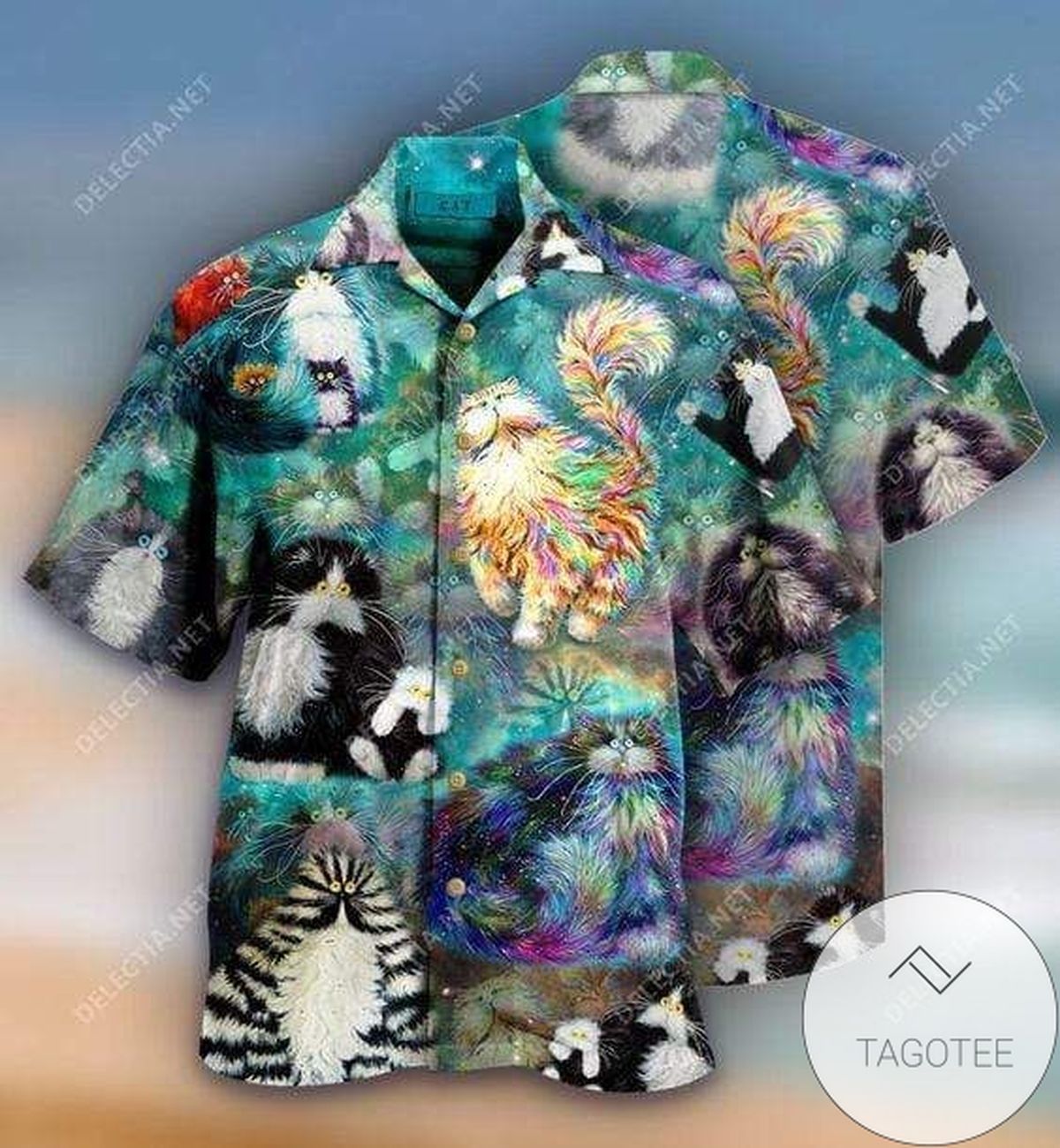 Adorable Furball Cat Design Adorning a Hawaiian Shirt