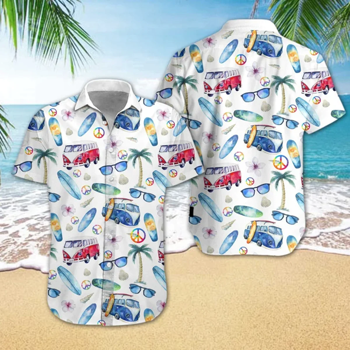Adorable Hippie Car Beach Design Trendy Hawaiian Shirt, Trendy Hawaiian Shirt Short Sleeves