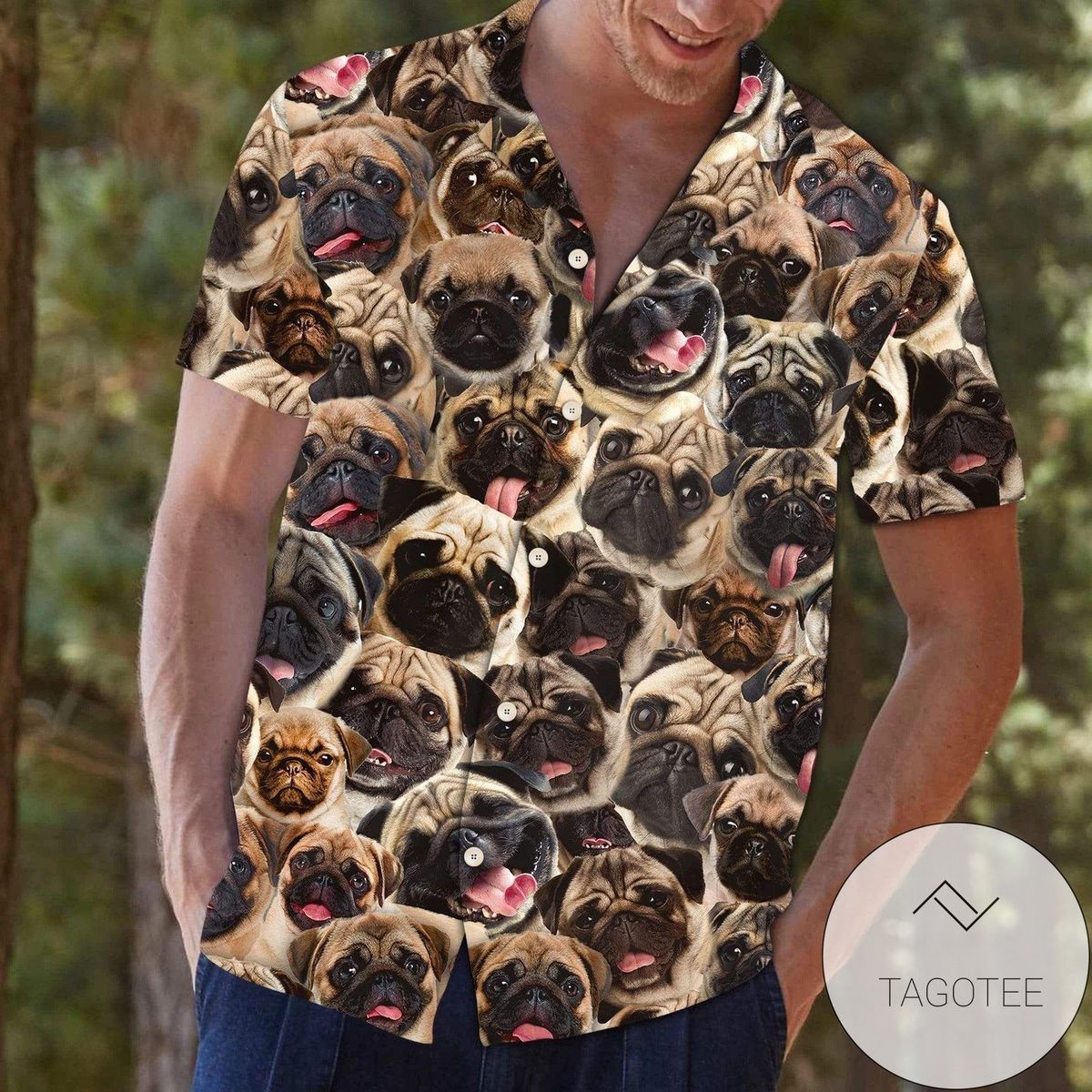 Adorable Pug Dog Peeks on This Cute Hawaiian Shirt