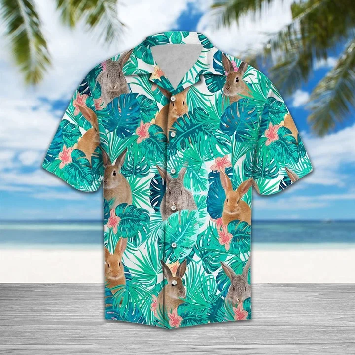Adorable Rabbit Tropical Lost In Lively Palm Leaves Trendy Hawaiian Shirt, Summer Aloha Hawaii Shirt For Men Women