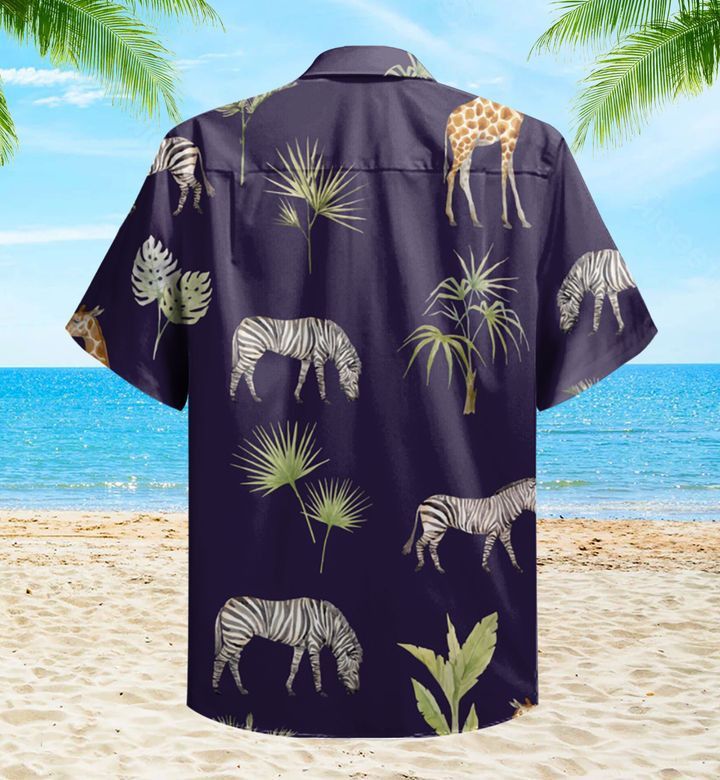 African Animal Zebra Giraffe Blue Trendy Hawaiian Shirt 3D