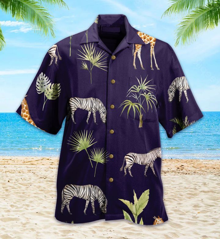 African Animal Zebra Giraffe Blue Trendy Hawaiian Shirt 3D African Animal Zebra Giraffe Blue Trendy Hawaiian Shirt 3D