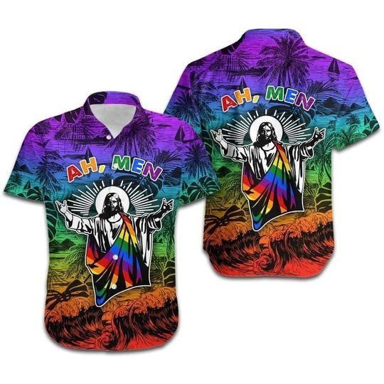 Ah Men Funny Jesus Lgbt Pride Aloha Hawaiian Shirts For Men And Women |