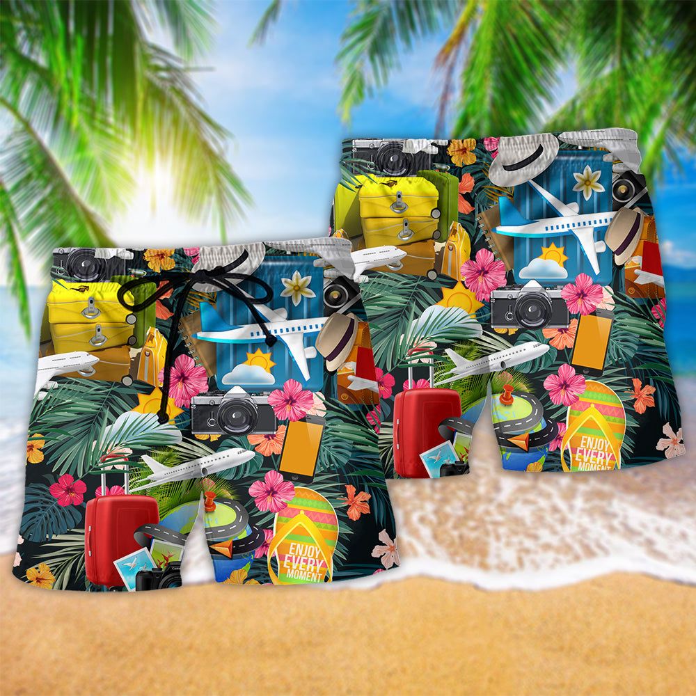 Airplane Take Your Flights Go Anywhere Tropical Floral Trendy Aloha Hawaiian Beach Shorts