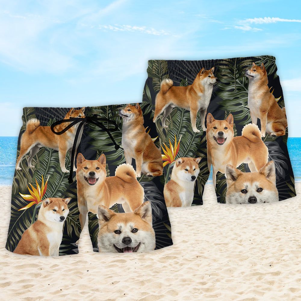 Akita Dog Tropical Leaf Trendy Aloha Hawaiian Beach Shorts