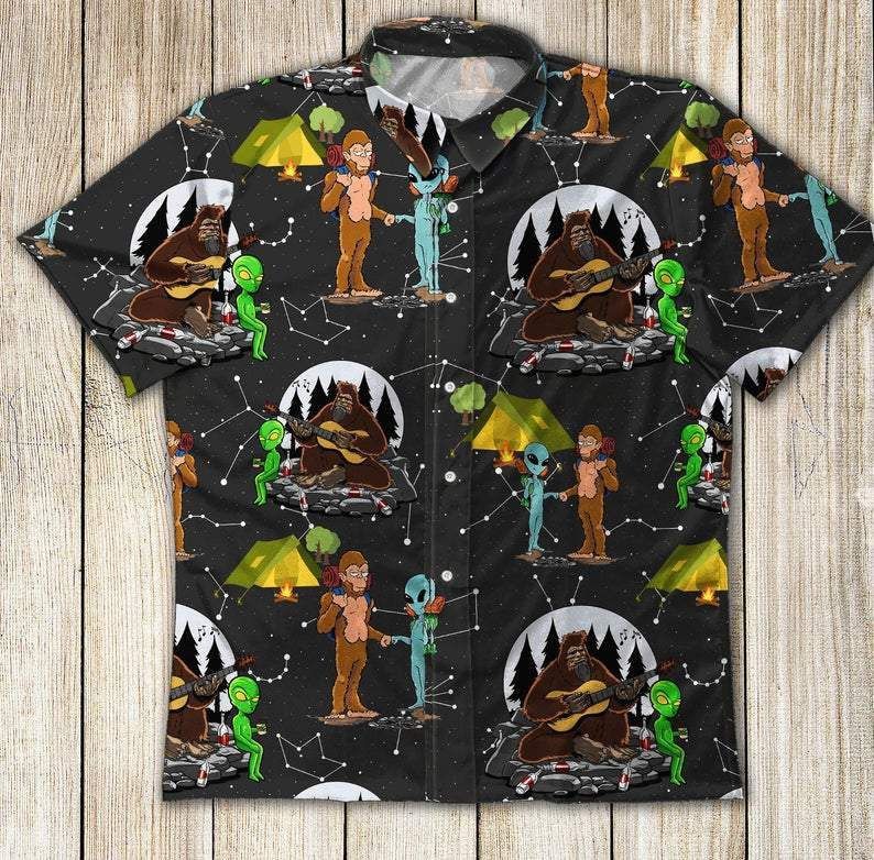 Alien Camping Trendy Hawaiian Shirt Alien Camping With Bigfoot Pattern Black Hawaii Aloha Shirt