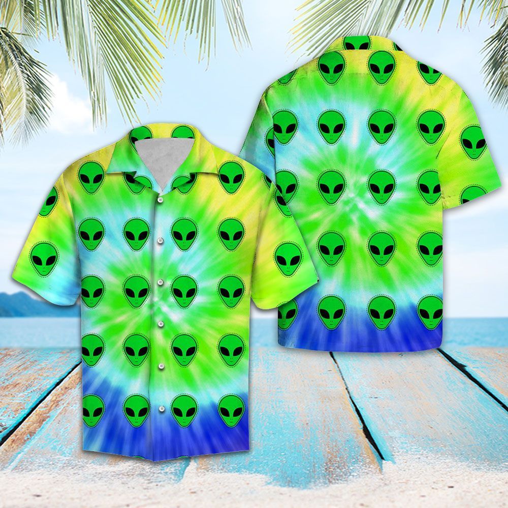 Alien Hawaiian Shirt Alien Head Pattern Green Blue Tie Dye Hawaii Shirt Alien Aloha Shirt