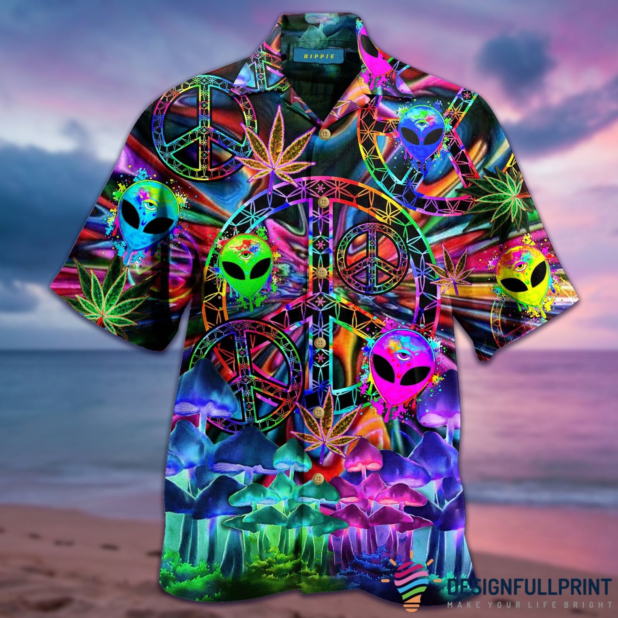 Alien Hawaiian Shirt Alien Hippie Style Peace Symbol Hawaii Aloha Shirt Colorful