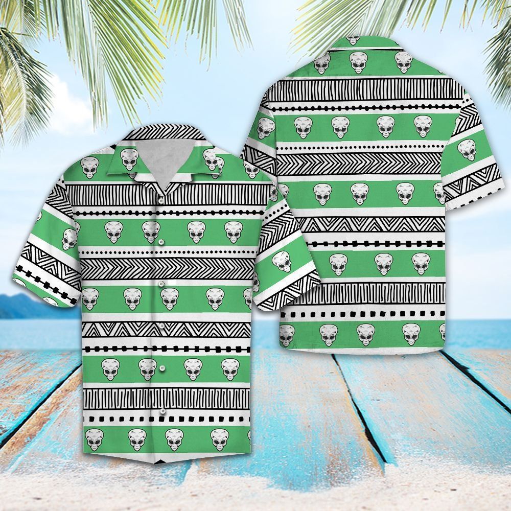 Alien Hawaiian Shirt Alien Pattern Green Black White Hawaii Shirt Alien Aloha Shirt