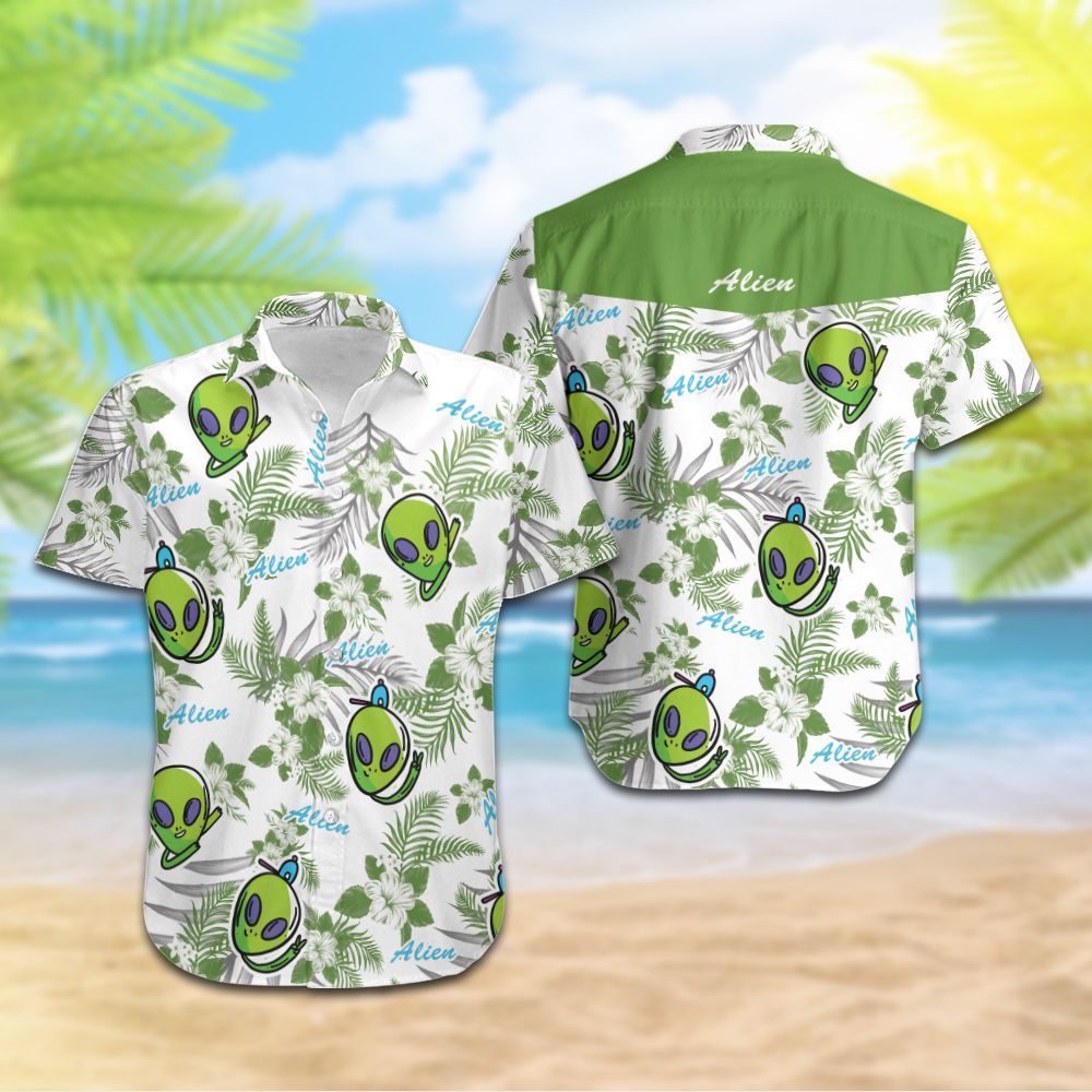 Alien Hawaiian Shirt Green Alien Floral Tropical White Hawaii Shirt Ufo Aloha Shirt