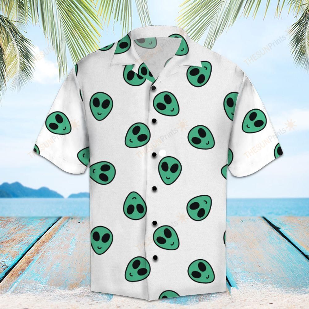 Alien Hawaiian Shirt Green Smiling Alien Head Pattern White Hawaii Shirt Alien Aloha Shirt