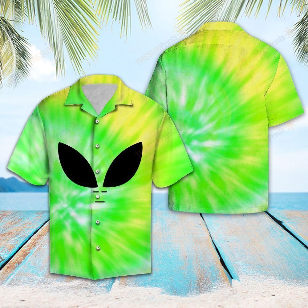 Alien Hawaiian Shirt Green Yellow Alien Tie Dye Hawaii Shirt Alien Aloha Shirt