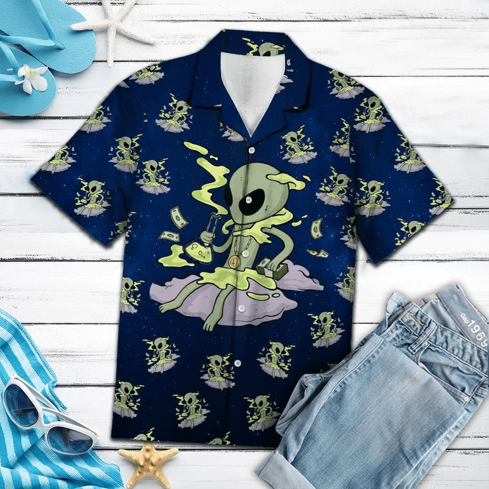 Alien Trendy Hawaiian Shirt Alien Money Pattern Navy Blue Hawaii Aloha Shirt