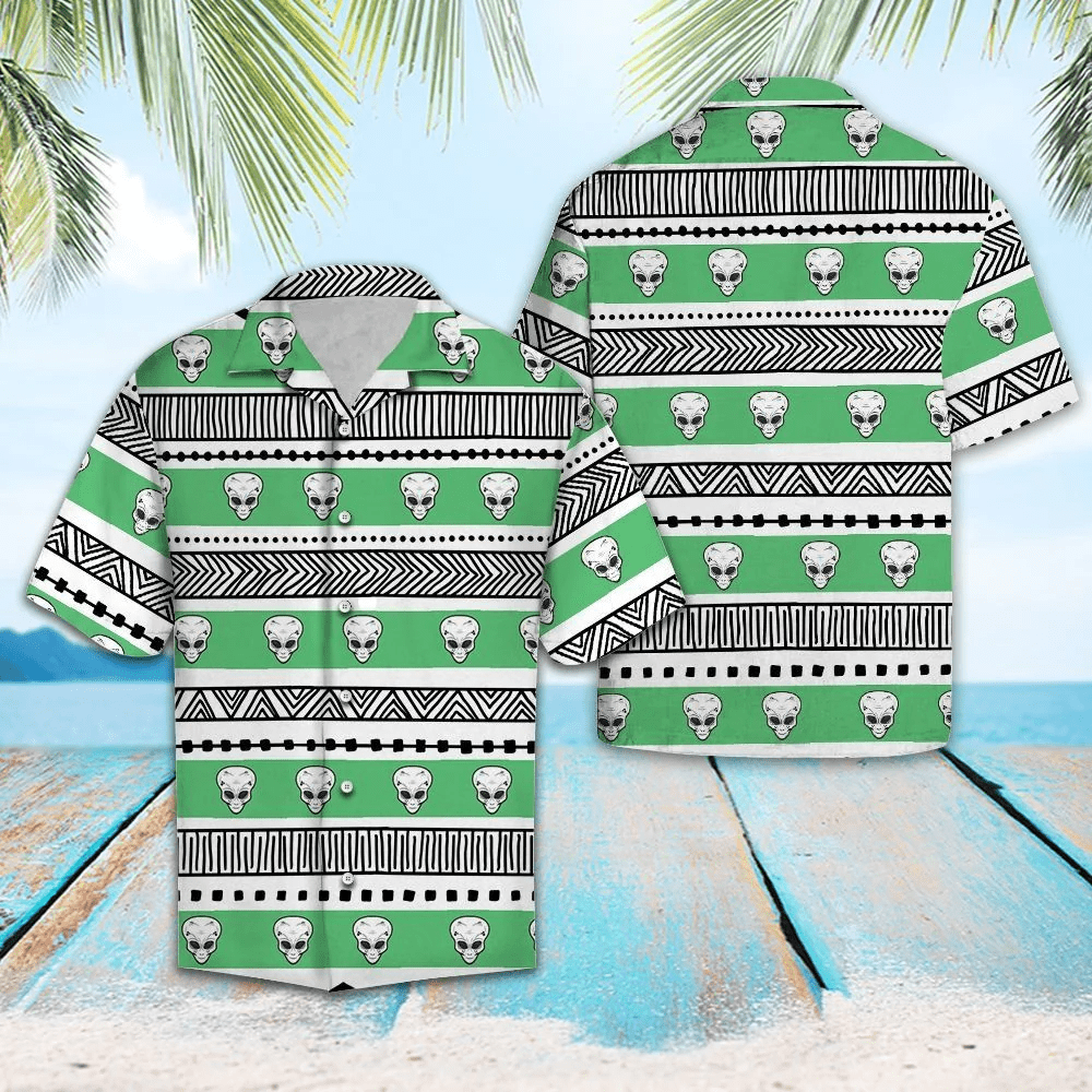 Alien Trendy Hawaiian Shirt Alien Pattern Green Black White Hawaii Aloha Shirt