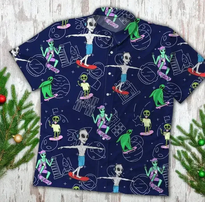 Alien Trendy Hawaiian Shirt Alien Playing Skateboard Pattern Blue Hawaii Aloha Shirt
