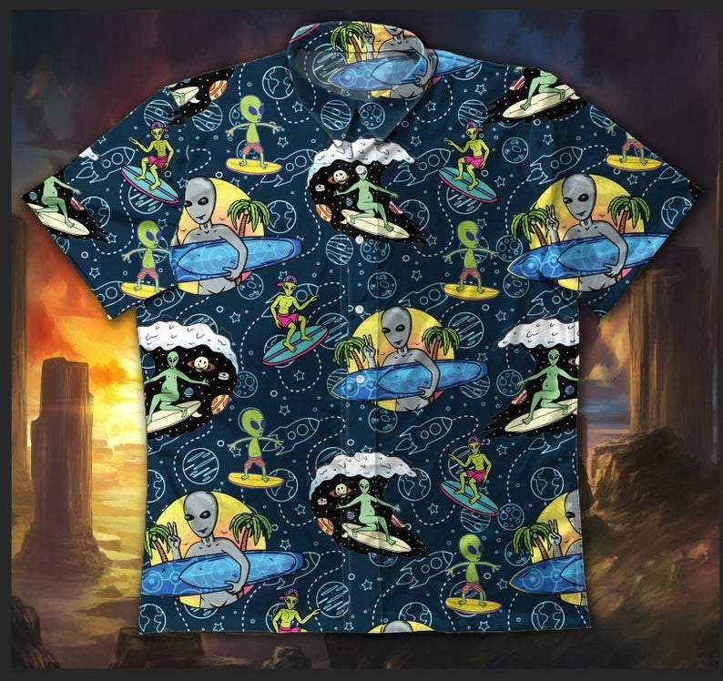 Alien Trendy Hawaiian Shirt Alien Surfing Pattern Blue Hawaii Aloha Shirt