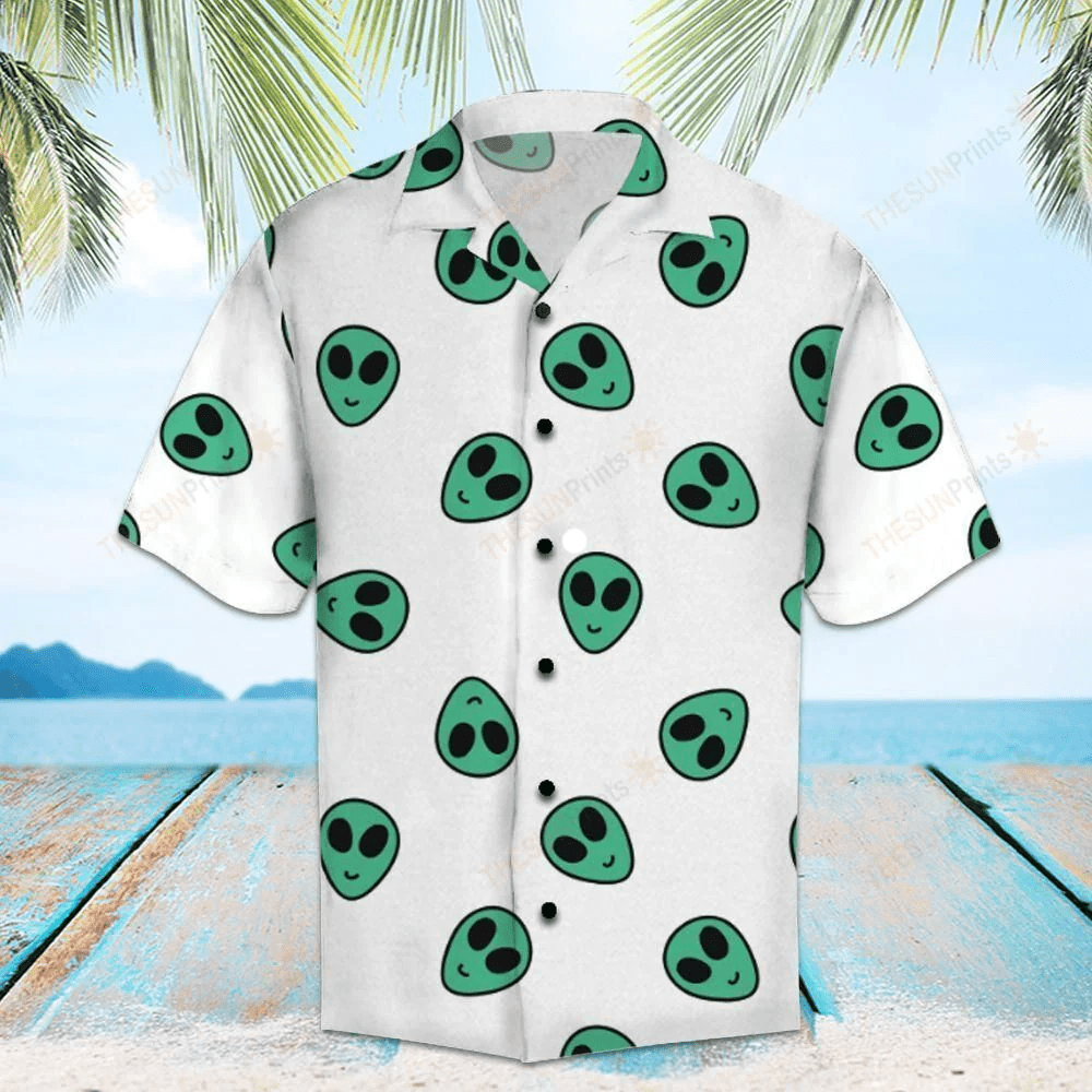 Alien Trendy Hawaiian Shirt Green Smiling Alien Head Pattern White Hawaii Aloha Shirt