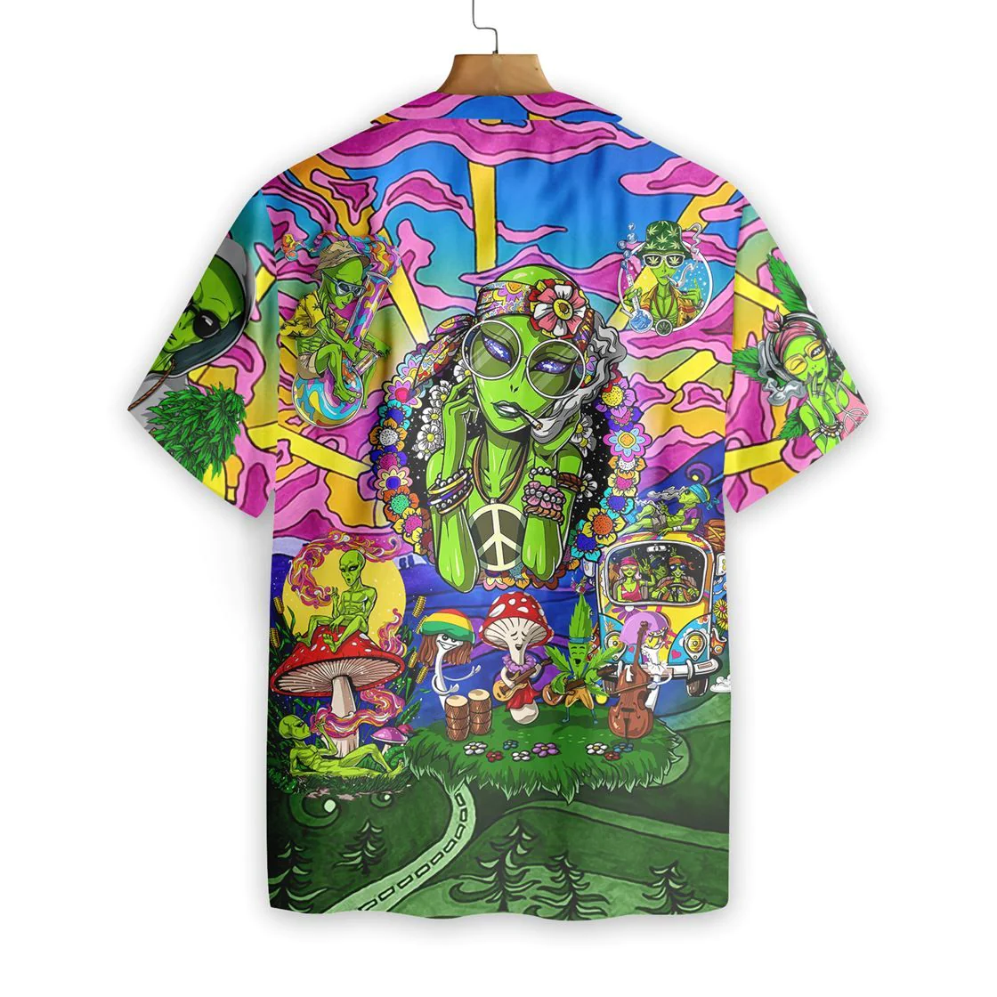 Alien Trendy Hawaiian Shirt Hippie Alien Pink Blue Green Hawaii Aloha Shirt