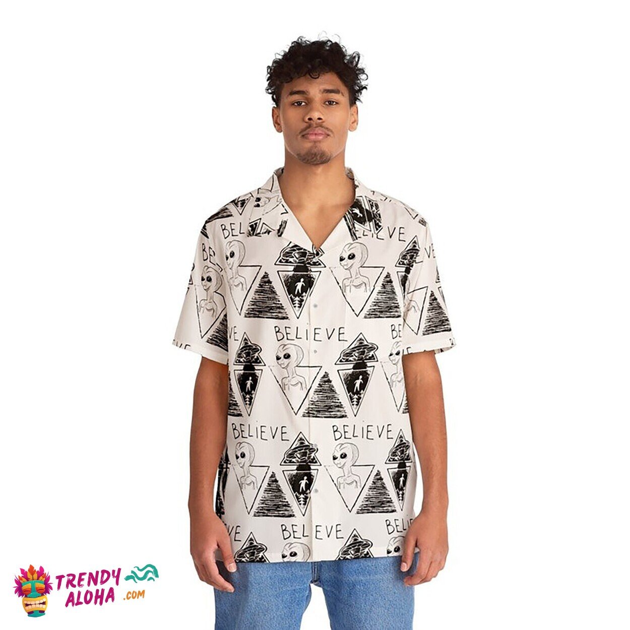Alien UFO Believers Men’s Hawaiian Shirt for Sci-Fi Themed Beachwear