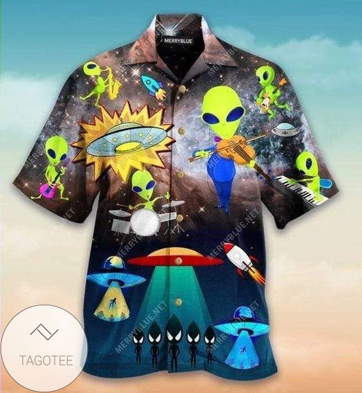 Aliens Entertaining Musical Notes on Hawaiian Shirt