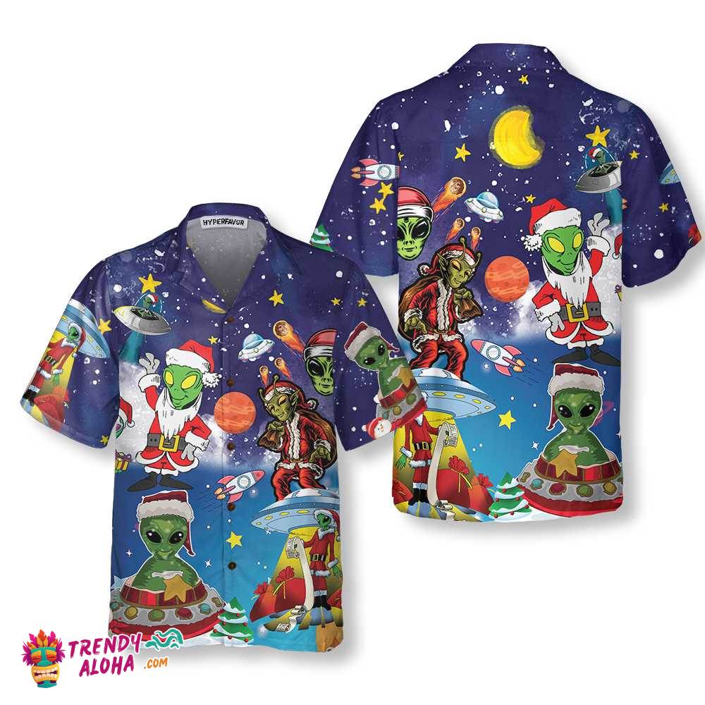Aliens In Santa Costume Hawaiian Shirt, Funny Christmas Shirt For Men