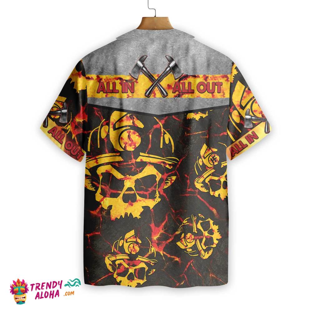 All In All Out Axe Firefighter Hawaiian Shirt, Dark Red And Yellow Skull Firefighter Shirt For Men