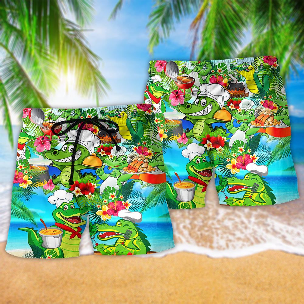 Alligator Chef Animals Tropical Floral Trendy Aloha Hawaiian Beach Shorts