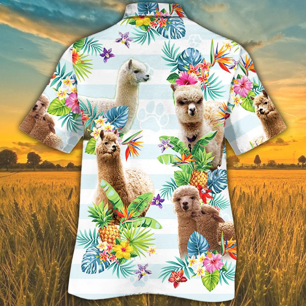 Alpaca Lovers Tropical Flower Trendy Hawaiian Shirt, Casual Short Sleeve Trendy Hawaiian Shirt, Polyester Spandex Fabric, Unisex Print Aloha Shirt Summer Gifts