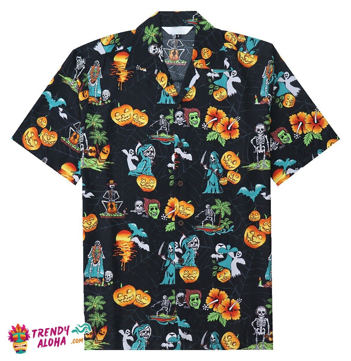 Alvish Men’s Halloween Pumpkins Skull Button Down Hawaiian Shirt