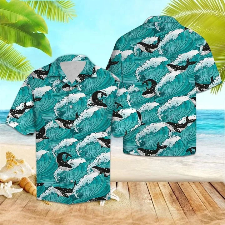 Amazing Black And White Whale Sea Waves Pattern Trendy Hawaiian Shirt