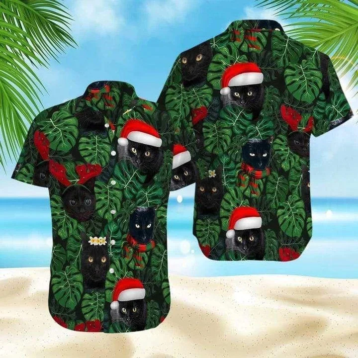 Amazing Christmas Black Cat In Santa Hat Trendy Hawaiian Shirt, Short Sleeve Hawaiian Aloha Shirt For Men