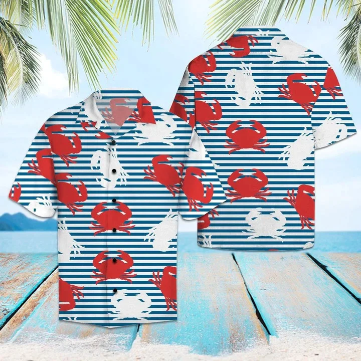 Amazing Crab On Blue Striped Pattern Trendy Hawaiian Shirt