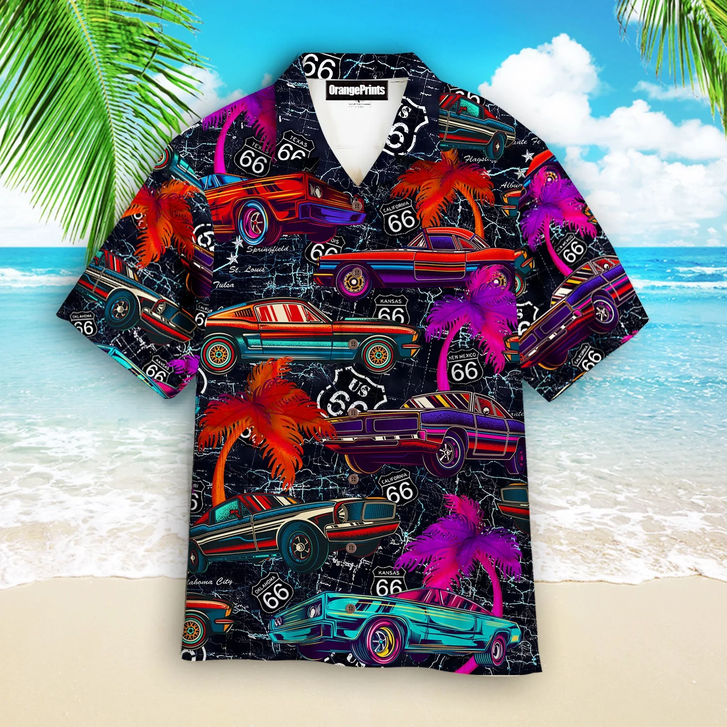 Amazing Neon Vintage Retro Muscle Car On Route 66 Trendy Hawaiian Shirt