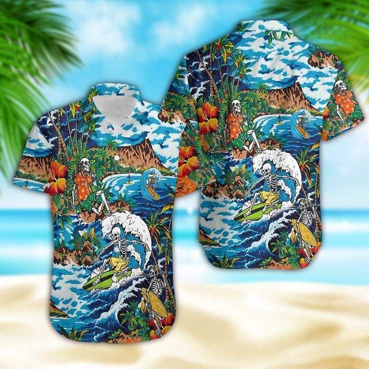 Amazing Skeleton Surfing On Tropical Island Halloween Trendy Hawaiian Shirt